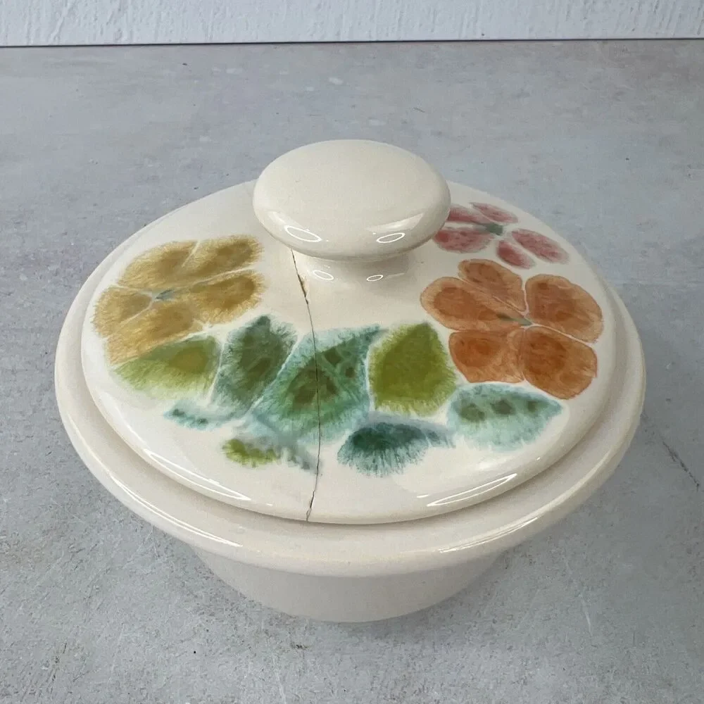VTG‎ franciscan ware floral Earthenware Sugar Bowl With Lid USA Crack In Lid